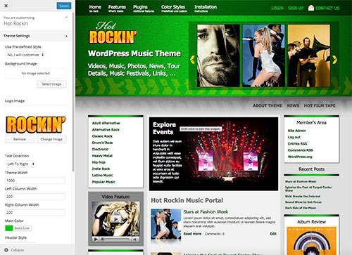 Live customizer in WordPress music theme